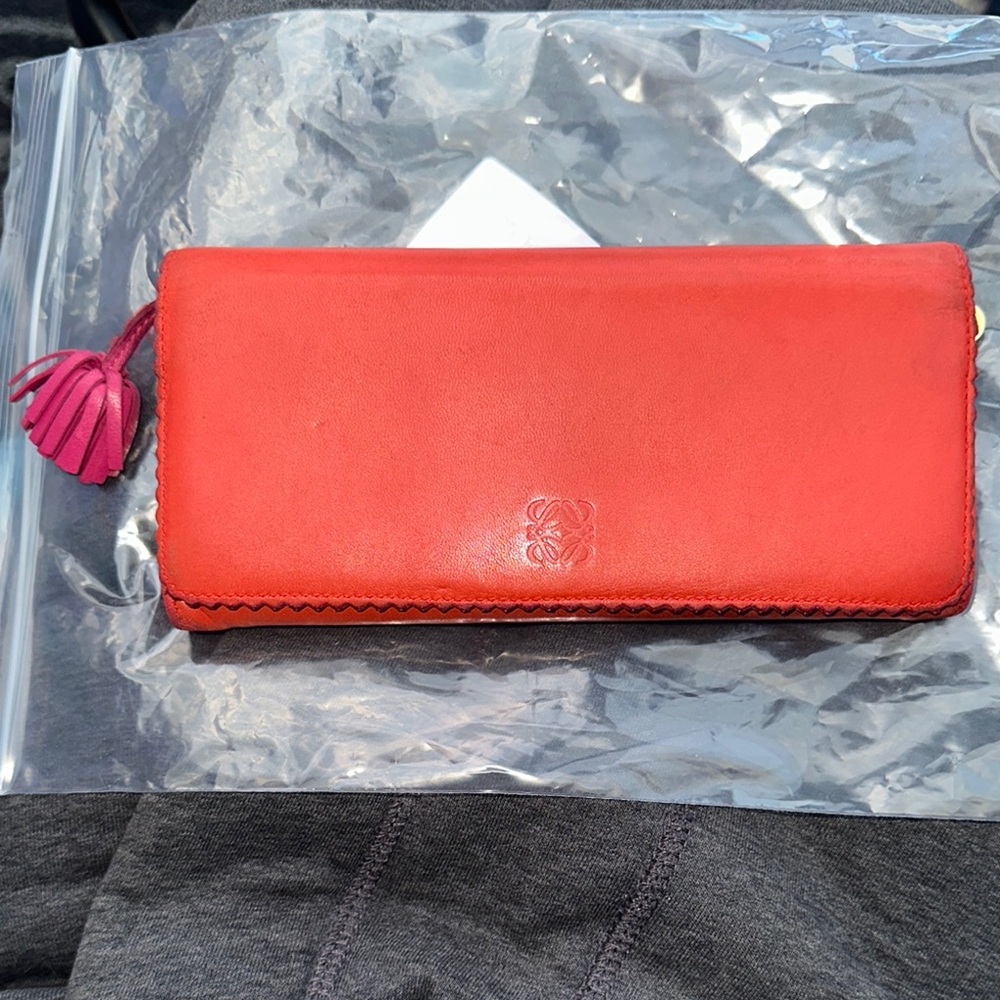 Loewe orange pink and Red Leather long Wallet gold hardware